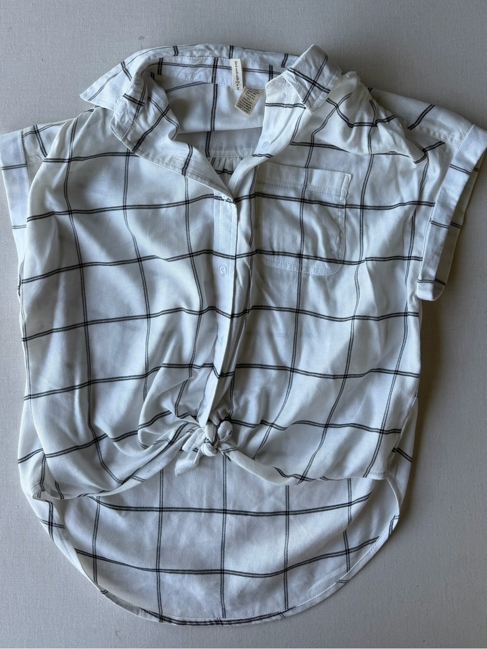 White Windowpane Tie-Front Shirt - Casual Button-Up Top